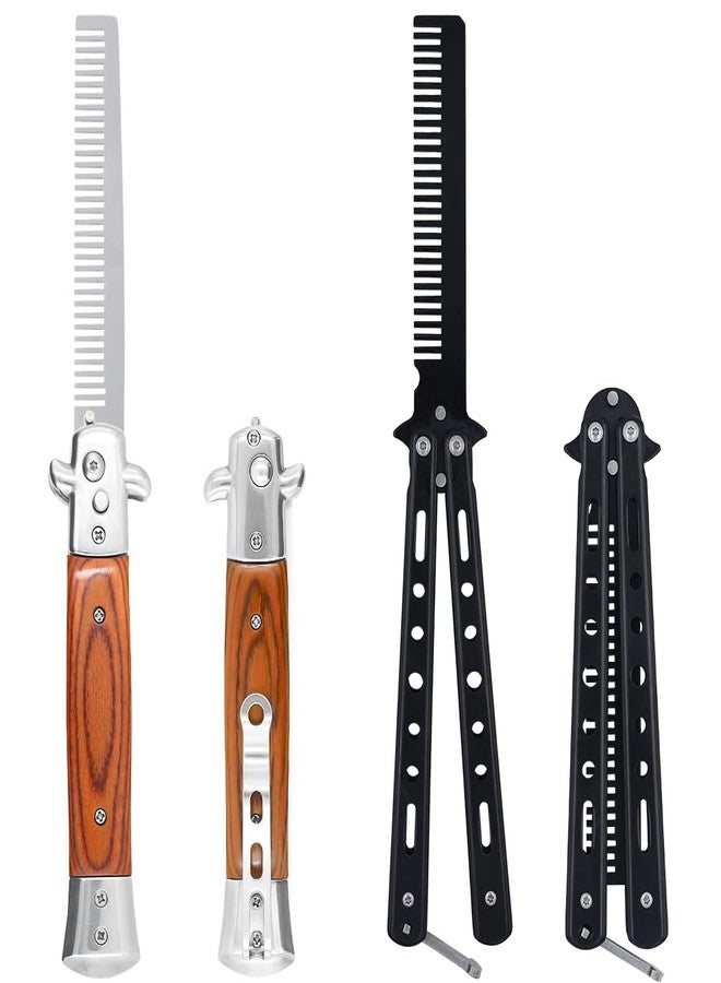 Canumer 2 Pieces Automatic Switch Folding Practice Combs, Stainless Steel Butterfly Comb, Switchblades Comb, Outdoor Training Pocket Combs, Hair Brush for Beard, Mustache, Hair Styling Tools - Image 1